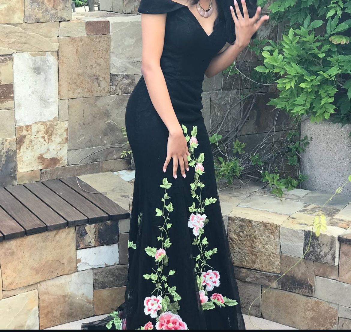 Black Floral Floor Length Dress