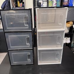 Set of 6 Stackable plastic Shoe Storage Boxes – Clear Front Door, Black & White, 9.75x13.75x7.25”