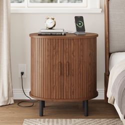 Walnut color 23.5"H Wooden Round End Table With Charging Station
