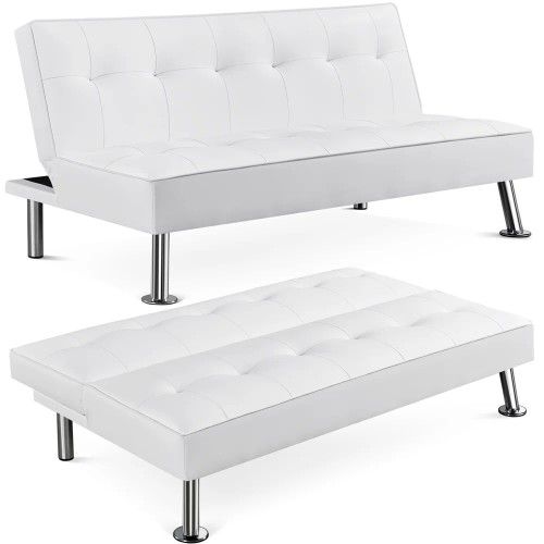 ๐๏ธ White Convertible Futon Sofa Bed โ Faux Leather