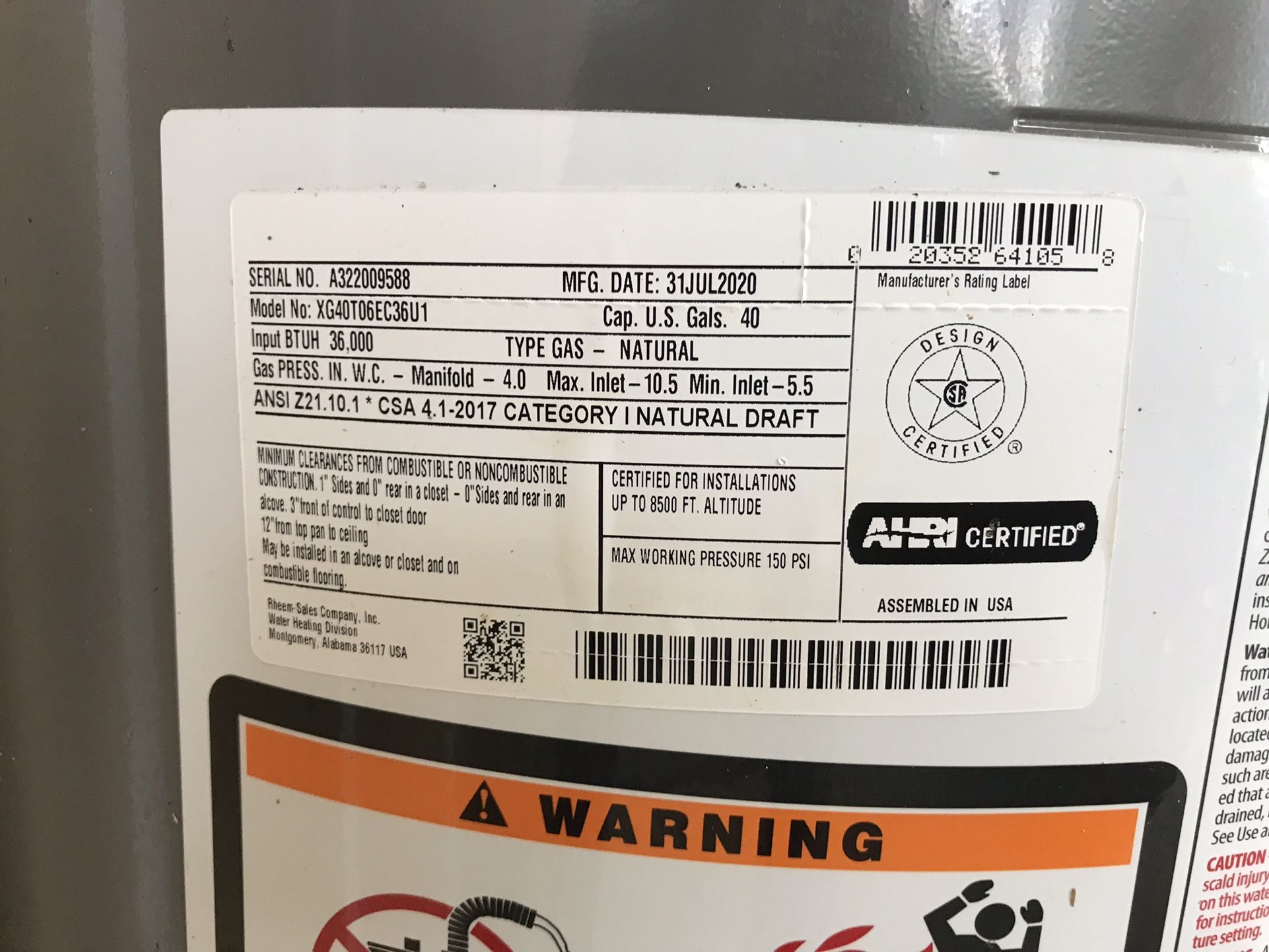 Rheem Gas Water Heater 