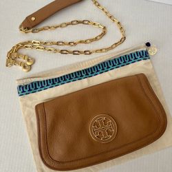 Tory Burch Leather Amanda Logo Flap Clutch Crossbody Purse Bag In Royal Tan