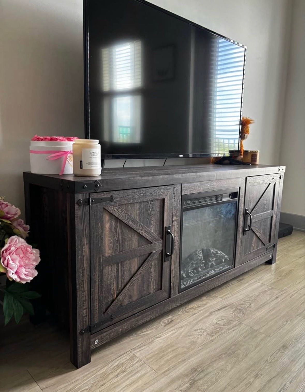 Rustic Barn Door TV Stand with Electric Fireplace