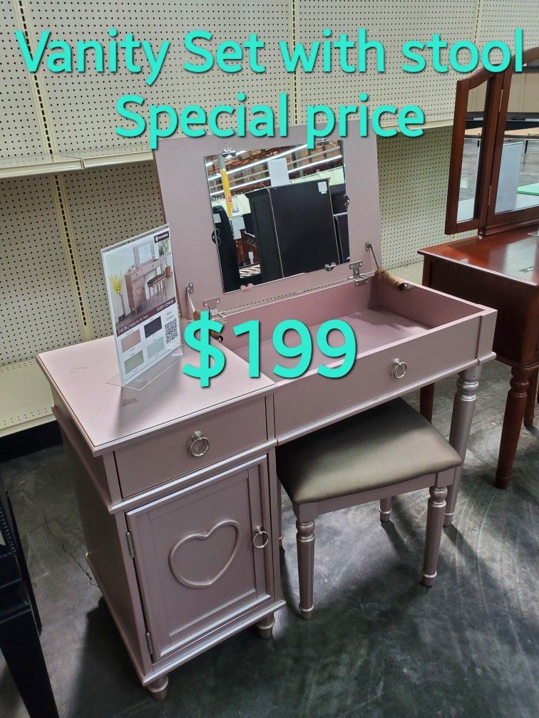 New Pink VANITY MIRROR SET SPECIAL WITH STOOL