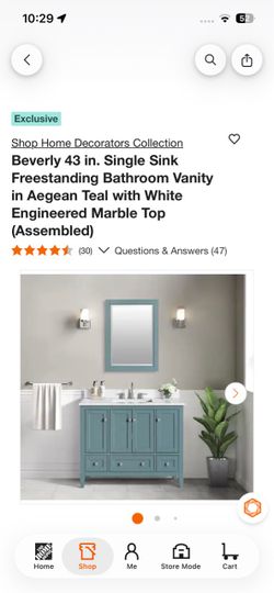Beverly 43 in. Single Sink Freestanding Bathroom Vanity in Aegean Teal with White Engineered Marble Top (Assembled)