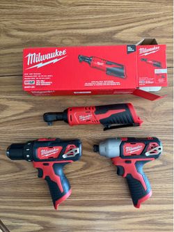 Milwaukee M12 Tool Combo (Impact Driver, Hammer Drill, and 3/8” Cordless Ratchet