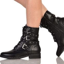 ~New~ Wild Diva Lounge Misty-13 Power Play Strappy Combat Ankle Boots Black Size(5.5) 