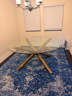 Round Glass Top Dining Table Gold Base four velvet chairs