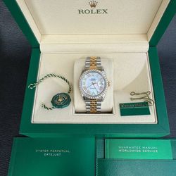 Rolex Datejust 36 36mm 18k yellow gold and stainless steel 16233 mother of pearl Roman diamond dial bezel jubilee bracelet