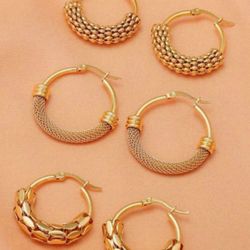 24 k gold plated 3 pairs of earrings stainless steel hollow hoop earrings 