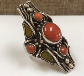 Large Heavy Vintage 925 Sterling Silver Ring With Natural Corals!!!!