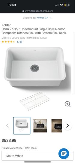 Kohler Cairn 27-1/2" Undermount Single Bowl Neoroc Composite Kitchen Sink with Bottom Sink Rack