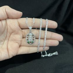 925 Sterling Silver Men Virgen Virgin Maria CZ Pendant Valentino Chain