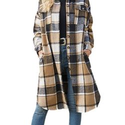 Women's Casual Lapel Button Down Long Plaid Shirt Coat Tartan Shacket Jacket

