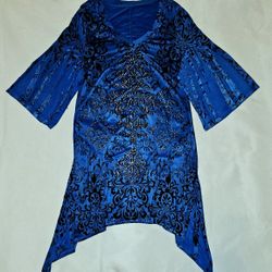 Blue Asymetrical 3/4 Length Sleeve Rhinestone Tunic In Size Large