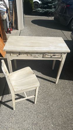 Vintage white wood kids size desk vanity and chair
