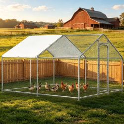 Large Metal Chicken Coop 6.6 x 9.8 ft x 6.6 ft for 9 to 13 Chickens – Outdoor Chicken Run with Heavy Duty Frame, Waterproof Polyethylene Cover, Shade 