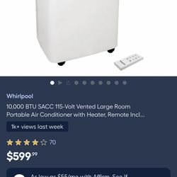 NEW! Whirlpool 10,000 BTU up to 700 sq ft Portable Air Conditioner with Heater