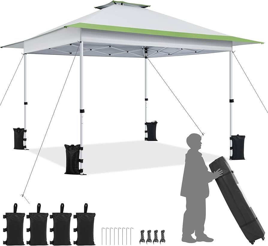 13x13 Pop Up Canopy Tent, Straight Leg Easy Single Person Set-up Folding Shelter w/Extending Eaves w/Rolling Storage Bag & Sandbags for Garden, Patio,