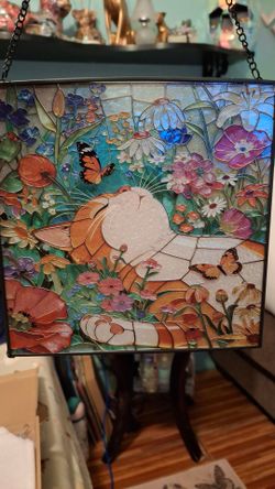 Slightly damaged 8" orange tabby stained glass