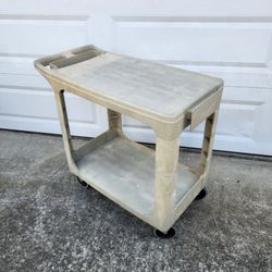 35" L x 19" W x 32" H, Rubbermaid Rolling 2-Shelf Tan Utility Service Cart Garage Tool Storage Wagon