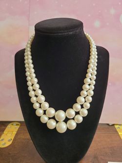 Double Strand Faux Pearl Wired Necklace Goldtone Filigree Clasp 17" Vintage F8