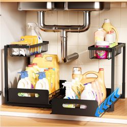 Under Sink Organizer 2 Pack,Metal Pull Out Cabinet Organizer Shelf,Kitchen Bathroom Organizers and Storage with Sliding Drawer,Storage Shelves,Storage