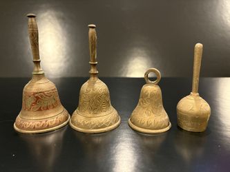 (4) Vintage Brass Handbells Bells India Floral Design Range in size from 2.5” to 4.5” 