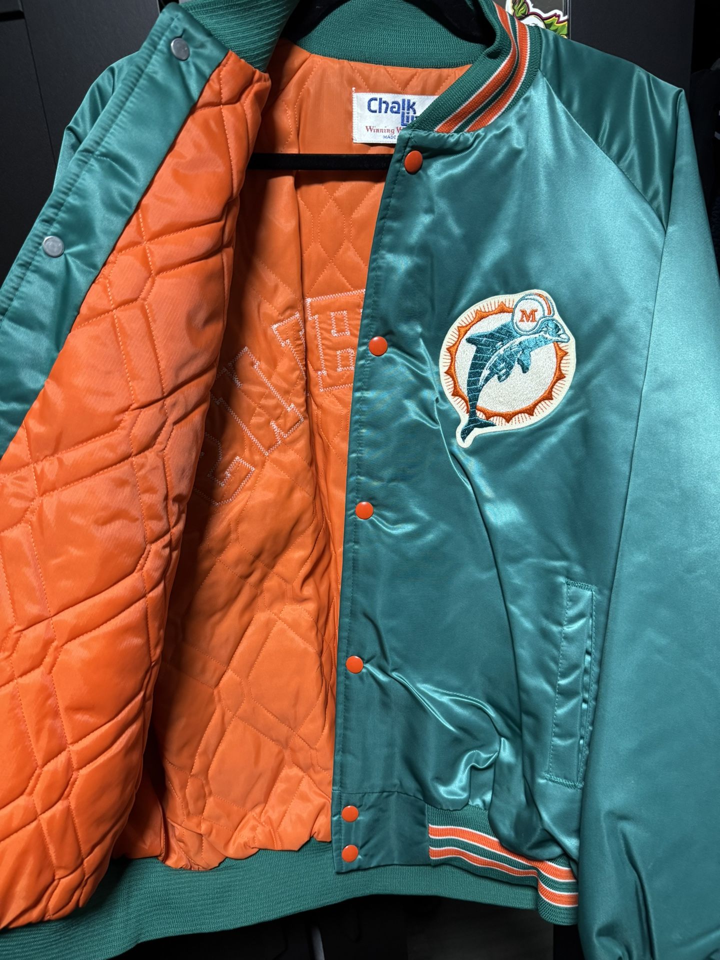Vintage MIAMI DOLPHINS Jacket Large Chalk Line NFL Satin Bomber