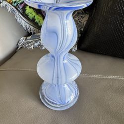 West Elm Hand-Blown Blue Swirl Glass Candle Holder – Art Glass Coastal Decor