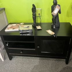 TV Console: Black Wooden TV Stand Glass Cabinet & 1 Drawer SKU RPLEH3