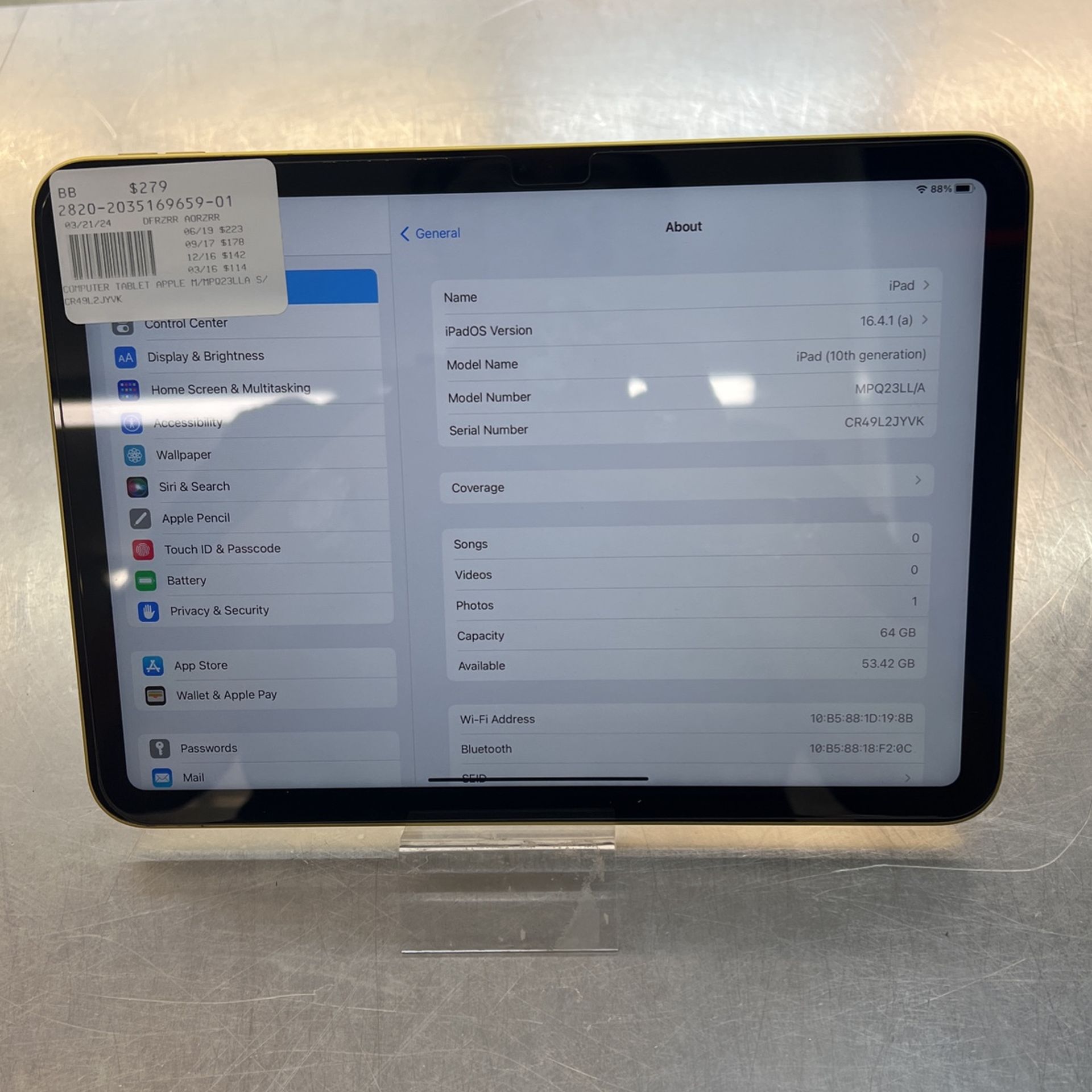 Apple Tablet Model MPQ23LL/A iPad (10th Generation)64gb