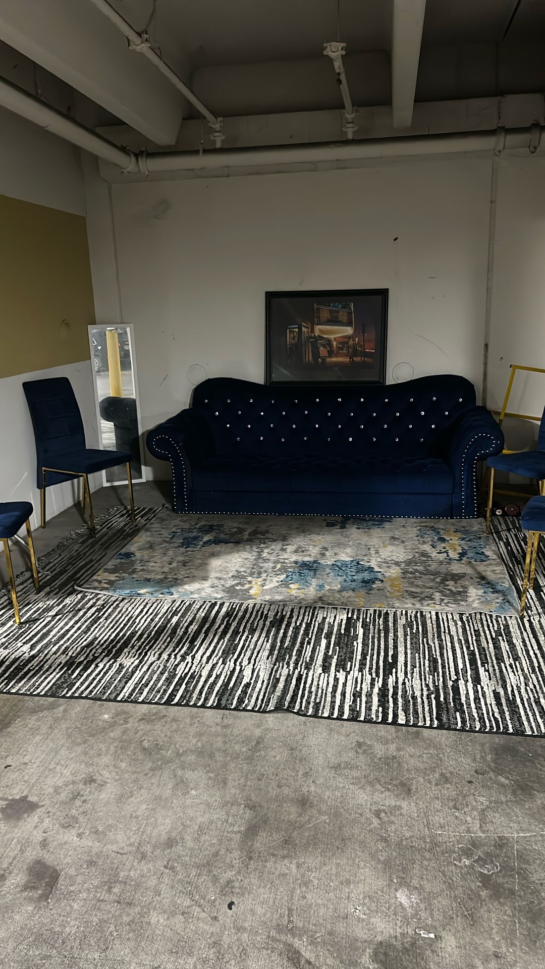Blue Diamond Couch From Aaron’s And Four Chairs 4 Months Ago, First 100$ Obo Takes It , If Post Is Still Up It’s Still For Sale