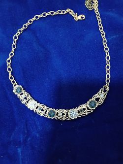 Gold-Tone Blue Rhinestone Floral Necklace