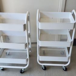 2 White Storage Cart Caddy With Rolling & Locking Wheels
