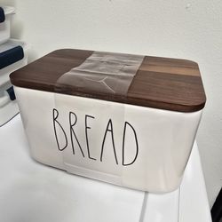 New Rae Dunn Ceramic Bread Box With Wooden Lid 10" W x 6" H  FIRM PRICE