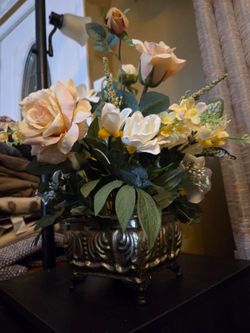 Faux Floral Arrangement in Ornate Footed Vase