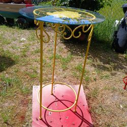 Vintage Yellow Metal Standing Plant Stand With Removable Glass Top