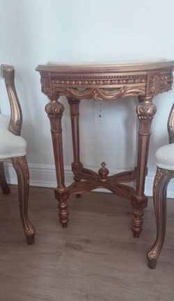 3-Piece French Provincial / Louis XV Style Parlor Accent Set, featuring a pair of matching upholstered armchairs and a coordinating marble-top pedesta