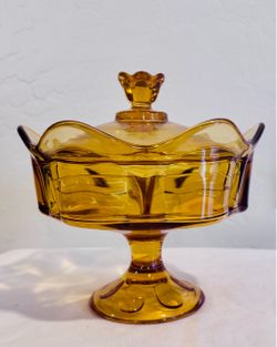 Viking Epic Six Petal Amber Glass 3-Part Divided Candy Dish with Lid