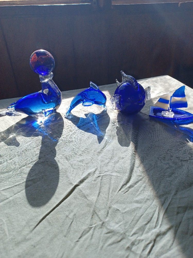 Blown Glass Sea Lion Dolph Puffer Fish And Boat