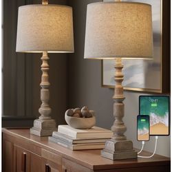 27.75" Farmhouse Table Lamps Set of 2 With USB Charging Port
