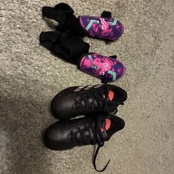 Girls, Adidas, soccer cleats, size 1, and shin guards