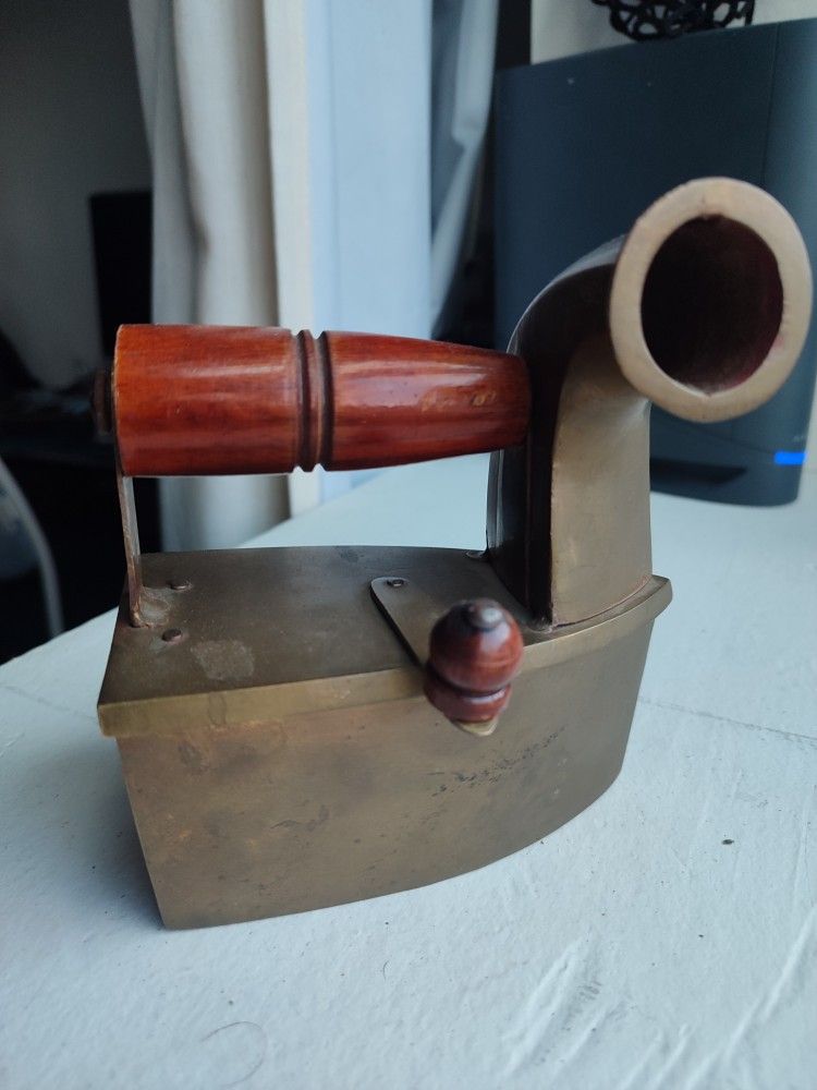 Vintage Brass Charcoal Iron with Wooden Handle – Antique Collectible 1900s