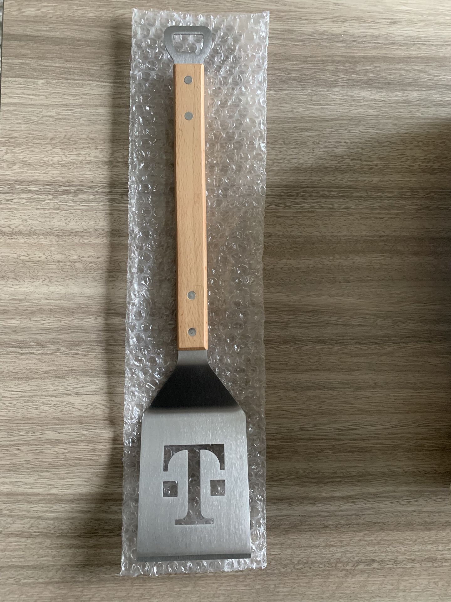 T-Mobile 6/10/25 Tuesdays Tan Wooden & Silver BBQ Grill Metal Spatula with Bottle Opener 17" NWT