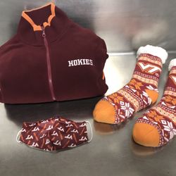 Virginia Tech Medium Women’s Fleece with Quilted Lining EUC, Foot Warmers VGUC and Mask NWOT