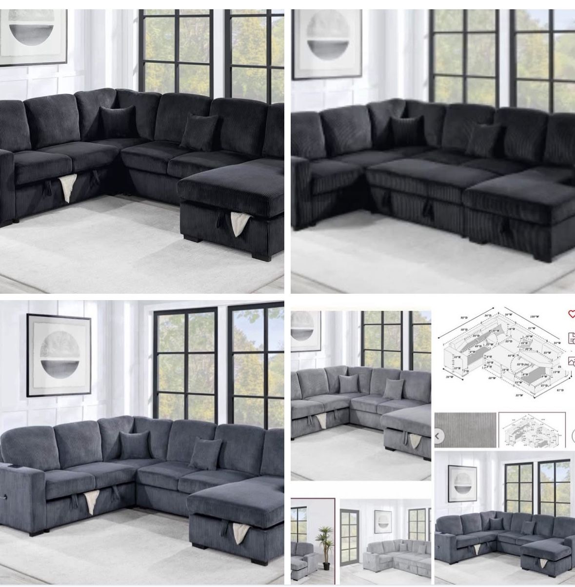 $649-4Piece Convertible Sectional Sleeper Sofa ,Chaise Storage ,Sofa Storage & USB Ports 98” x 103” x 61” x36”H