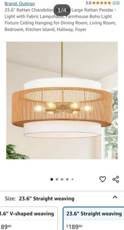 25.6" Rattan Chandelier, 6-Light Large Rattan Pendant Light with Fabric Lampshade, Farmhouse Boho Light Fixture Ceiling Hanging for Dining Room, Livin