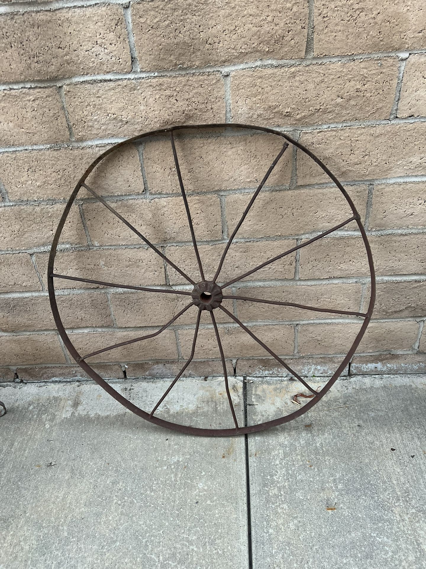 Antique Primitive Iron Wheel 35” Across (Wagon Had Some Damage Crossing lol)