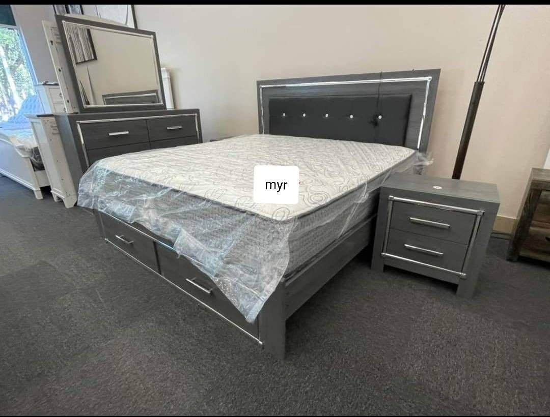Brand New/ Gray Led Upholstered Storage Bedroom Set/ DRESSER, MIRROR, NIGHTSTAND, Bed// Mattress Sold Separately